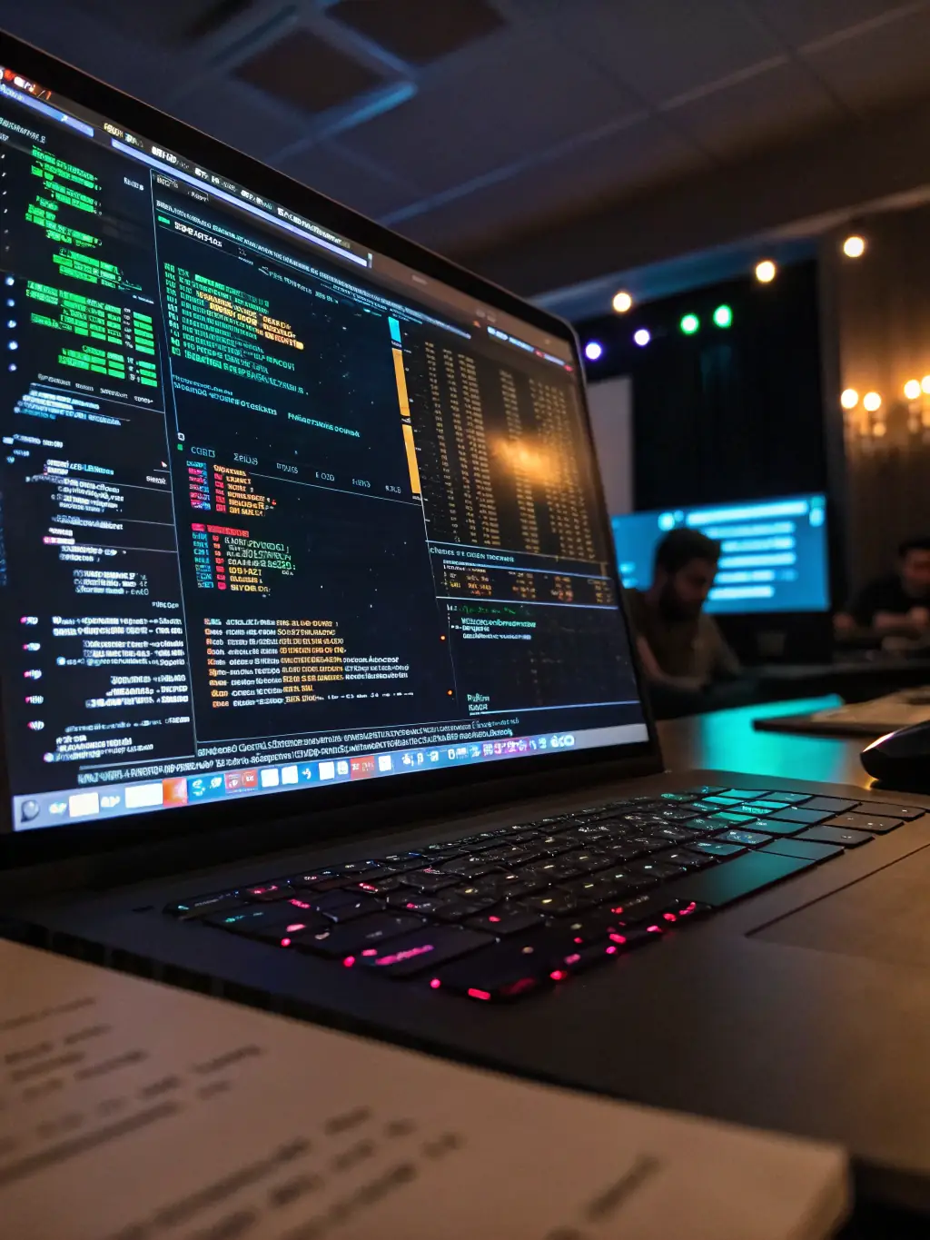 An AI research center with advanced computing clusters, data visualization tools, and researchers collaborating on AI projects.