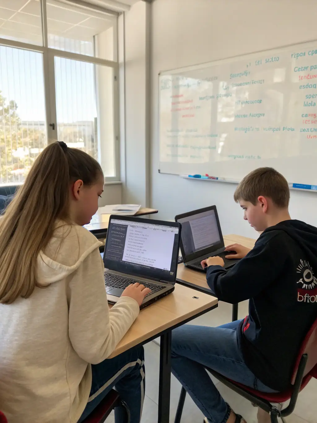 Teenagers collaborating on a coding project, their computer screens displaying lines of code, reflecting the advanced coding course at Nekoda Forge Space.