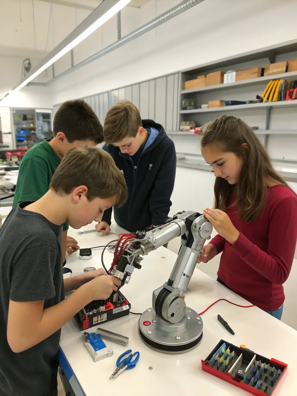 A group of children enthusiastically building a robot in a brightly lit classroom at Nekoda Forge Space, showcasing the engaging robotics course for kids.