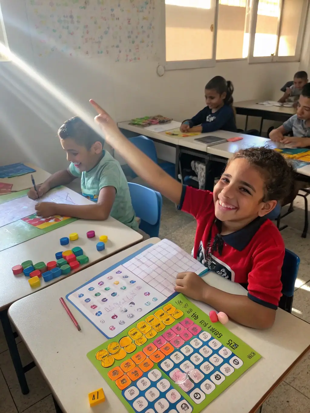 A mathematics classroom with interactive whiteboards, manipulatives, and students engaged in problem-solving activities.