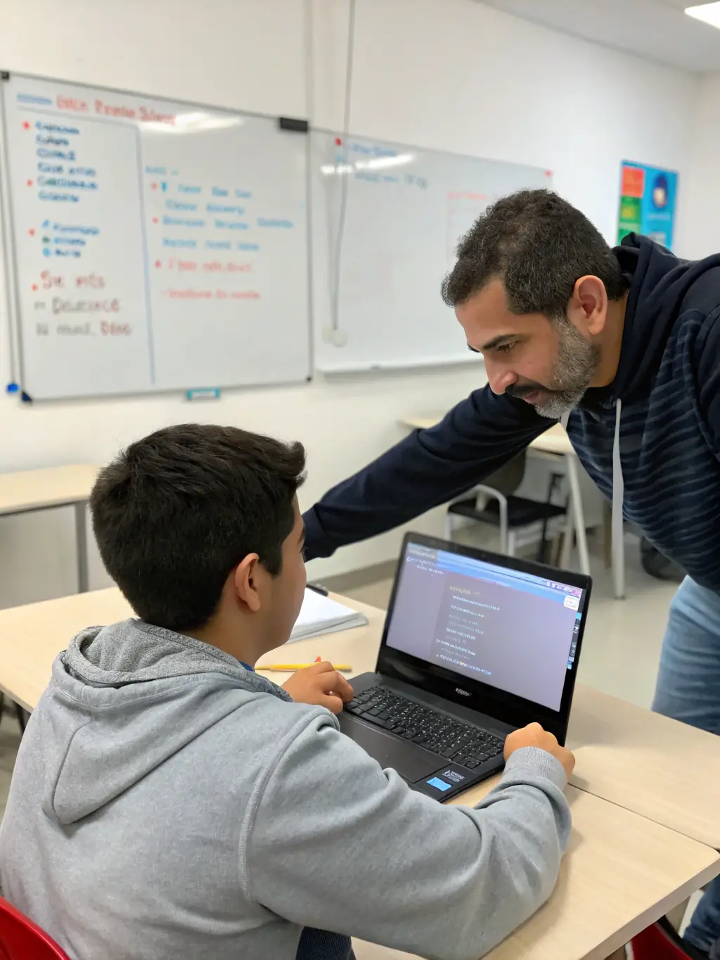 An experienced instructor guiding a student through a coding problem on a computer, emphasizing personalized attention and expert guidance at Nekoda Forge Space.