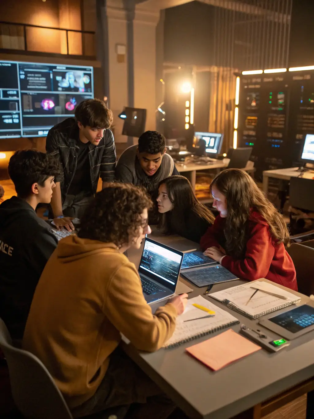 A classroom scene showing students of various ages collaborating on an AI project, demonstrating the future-focused skills taught at Nekoda Forge Space.